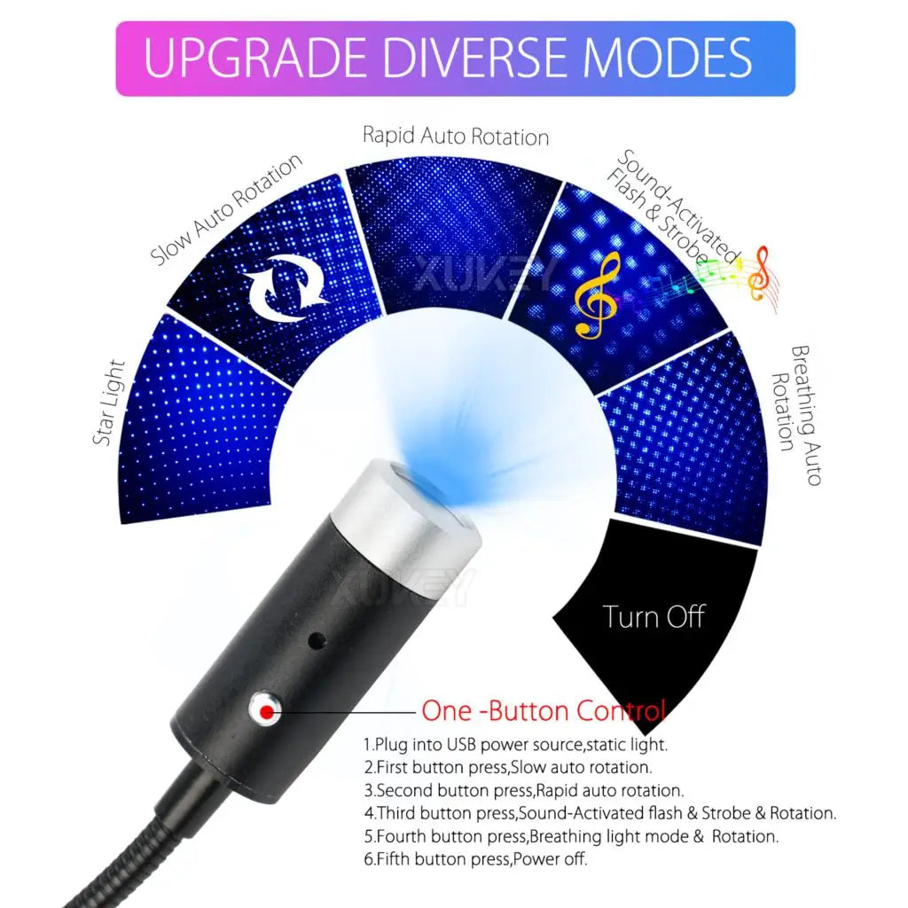 Blue USB Star Night Atmosphere Light Projector Auto Rotating Music Control Adjustable Romantic Decor Car Bedroom Party Ceiling