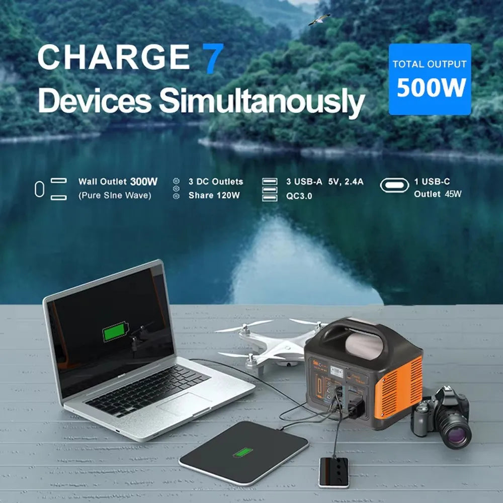 Solar Generator 460Wh Portable Power Station 300W 500WLiFePo4 Batteries 110V 220V Energy Storage Supply LED For Camping RV Trip