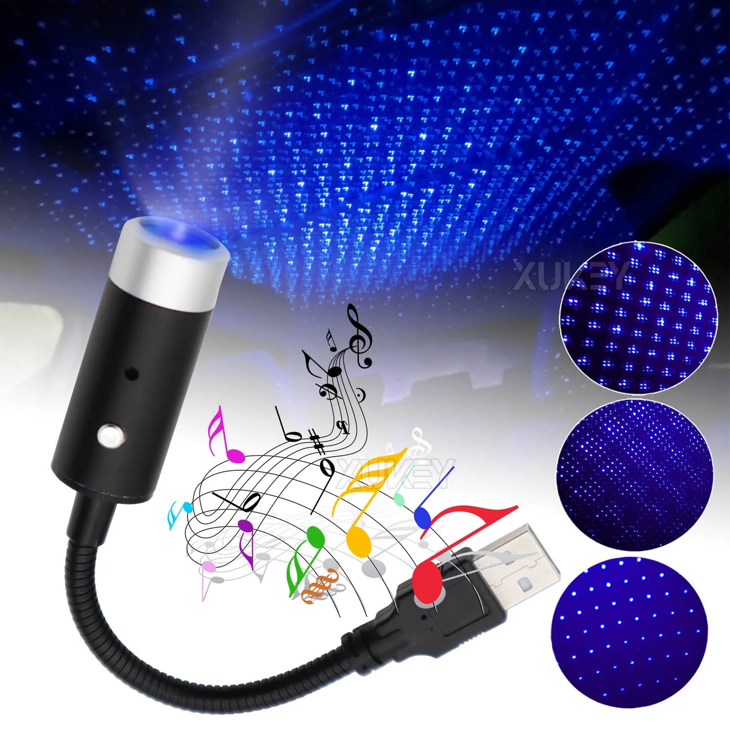 Blue USB Star Night Atmosphere Light Projector Auto Rotating Music Control Adjustable Romantic Decor Car Bedroom Party Ceiling