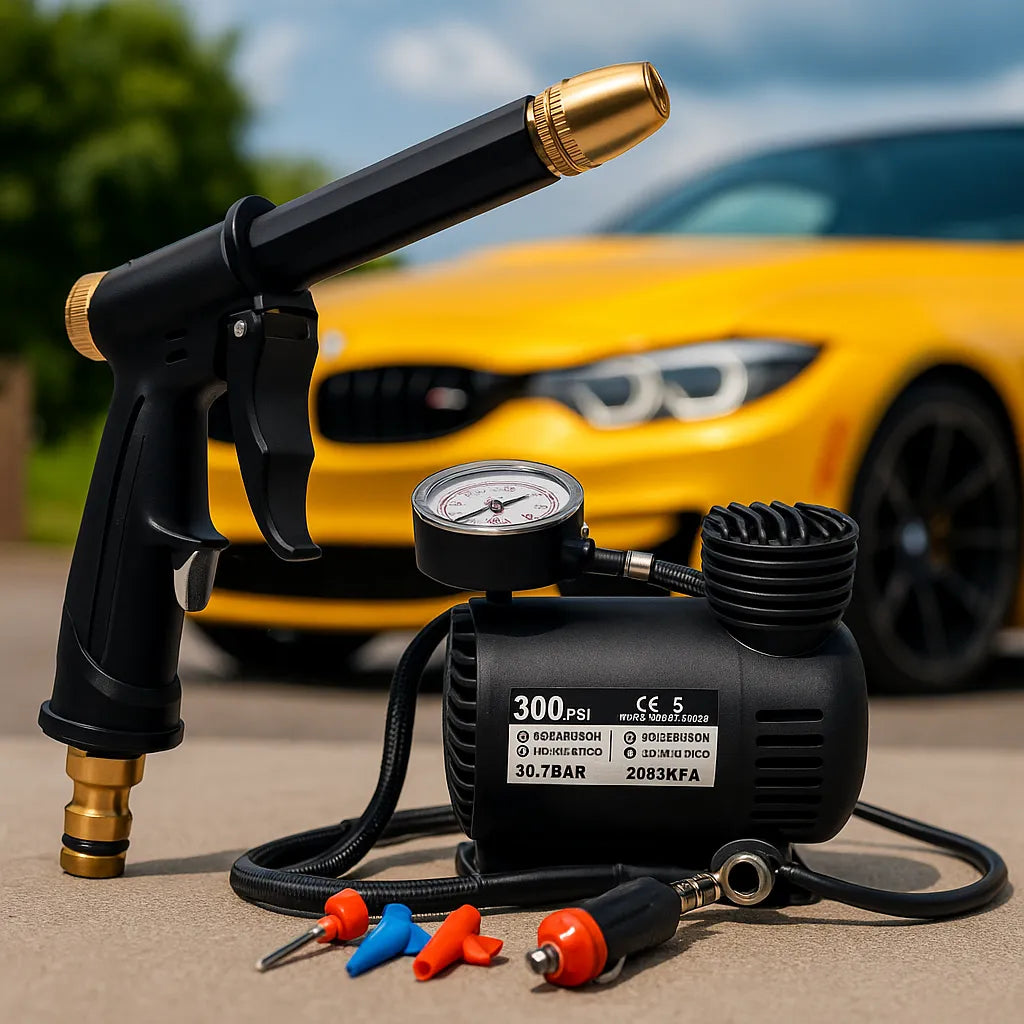 Compresor de Aire +. Pistola Aire | Pack Solución para vehículos. Infla de manera portatil y limpia de manera extrema