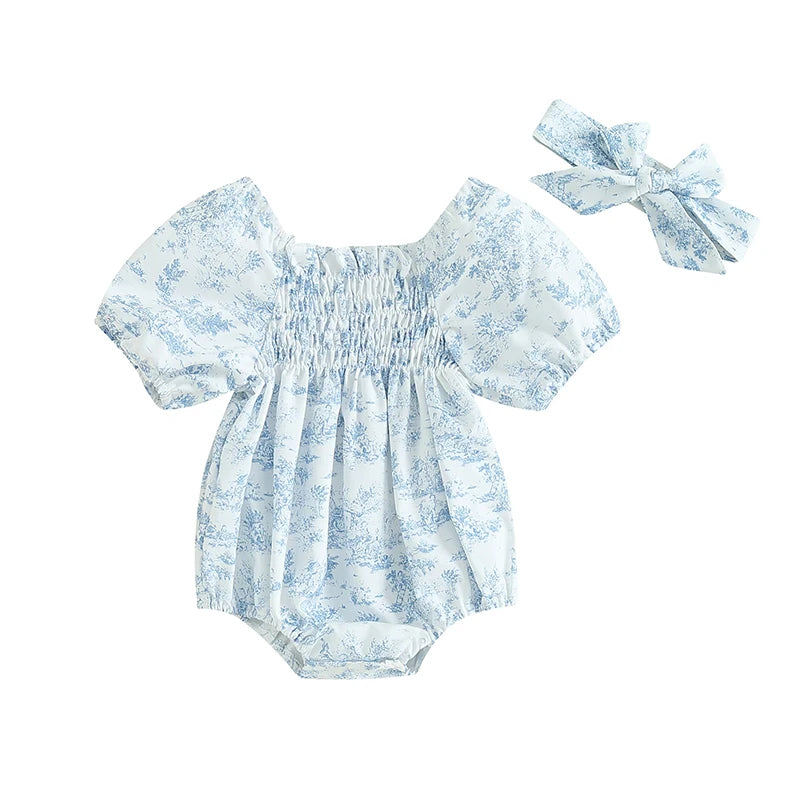 lioraitiin 0-18M Summer Baby Girls Rompers Floral Print Ruched Puff Sleeve Clothes Infant Jumpsuits with Headband