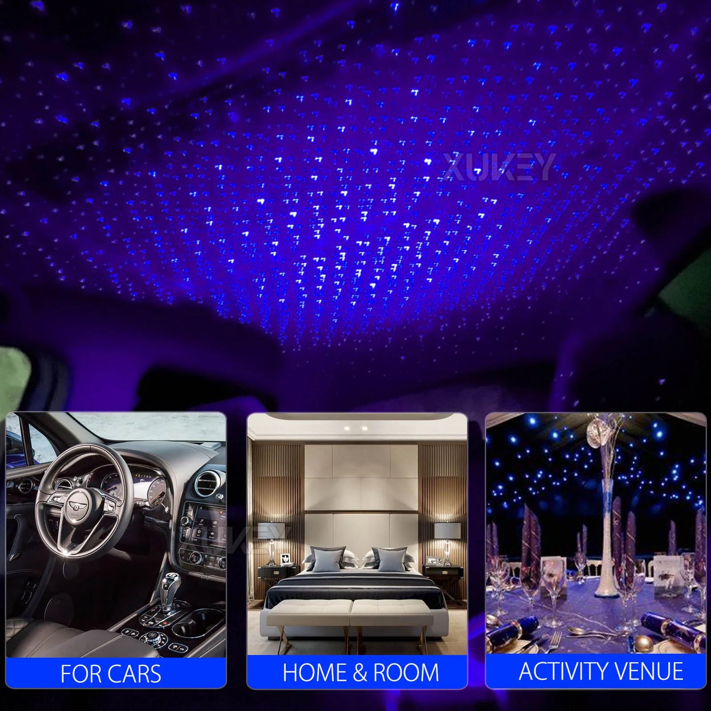 Blue USB Star Night Atmosphere Light Projector Auto Rotating Music Control Adjustable Romantic Decor Car Bedroom Party Ceiling
