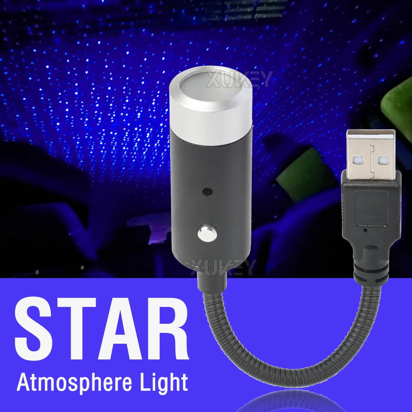 Blue USB Star Night Atmosphere Light Projector Auto Rotating Music Control Adjustable Romantic Decor Car Bedroom Party Ceiling