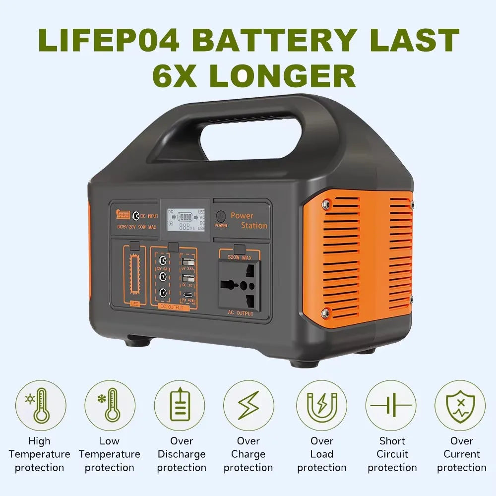 Solar Generator 460Wh Portable Power Station 300W 500WLiFePo4 Batteries 110V 220V Energy Storage Supply LED For Camping RV Trip