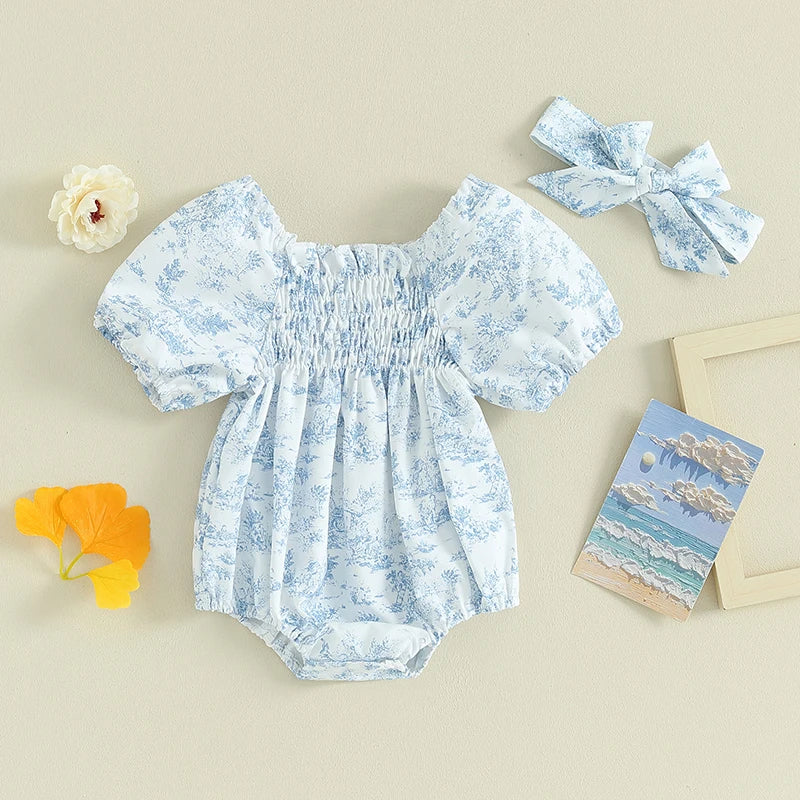 lioraitiin 0-18M Summer Baby Girls Rompers Floral Print Ruched Puff Sleeve Clothes Infant Jumpsuits with Headband