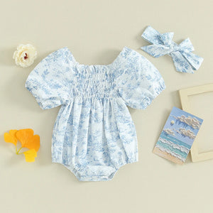 lioraitiin 0-18M Summer Baby Girls Rompers Floral Print Ruched Puff Sleeve Clothes Infant Jumpsuits with Headband