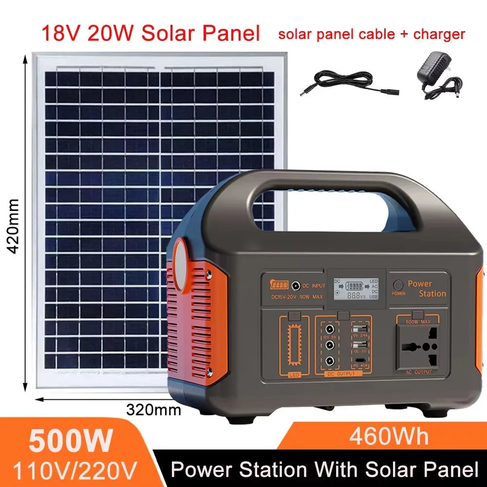 Solar Generator 460Wh Portable Power Station 300W 500WLiFePo4 Batteries 110V 220V Energy Storage Supply LED For Camping RV Trip
