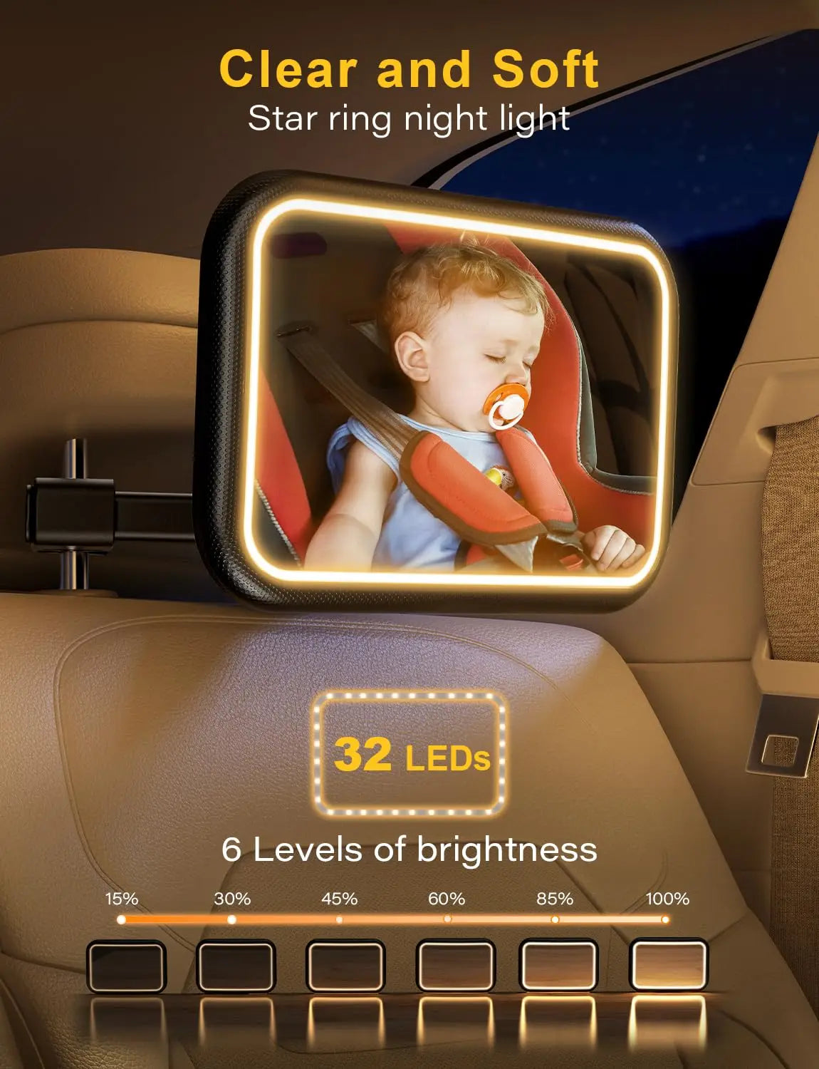 Baby Car Mirror With Light for Baby Rechargeable 2000mAh Baby Mirror for Car Seat Rear Facing Hook Clip Design Car Seat Mirror