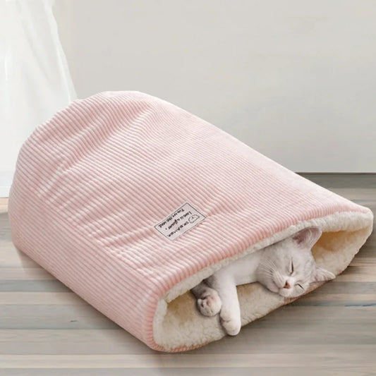Warm Velvet Fabric Bed for Cats Dogs Winter Autumn Comfortable Soft Fleece Bucket Type Blue Sleeping Bag for Kittens Pet House