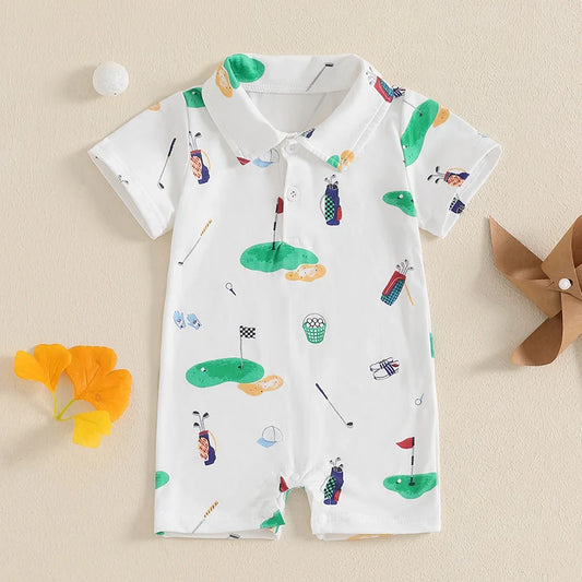 2024-11-25 Lioraitiin Baby Boy Girl Golf Romper Half Button-up Lapel Neck Short Sleeve Jumpsuit Summer Clothes