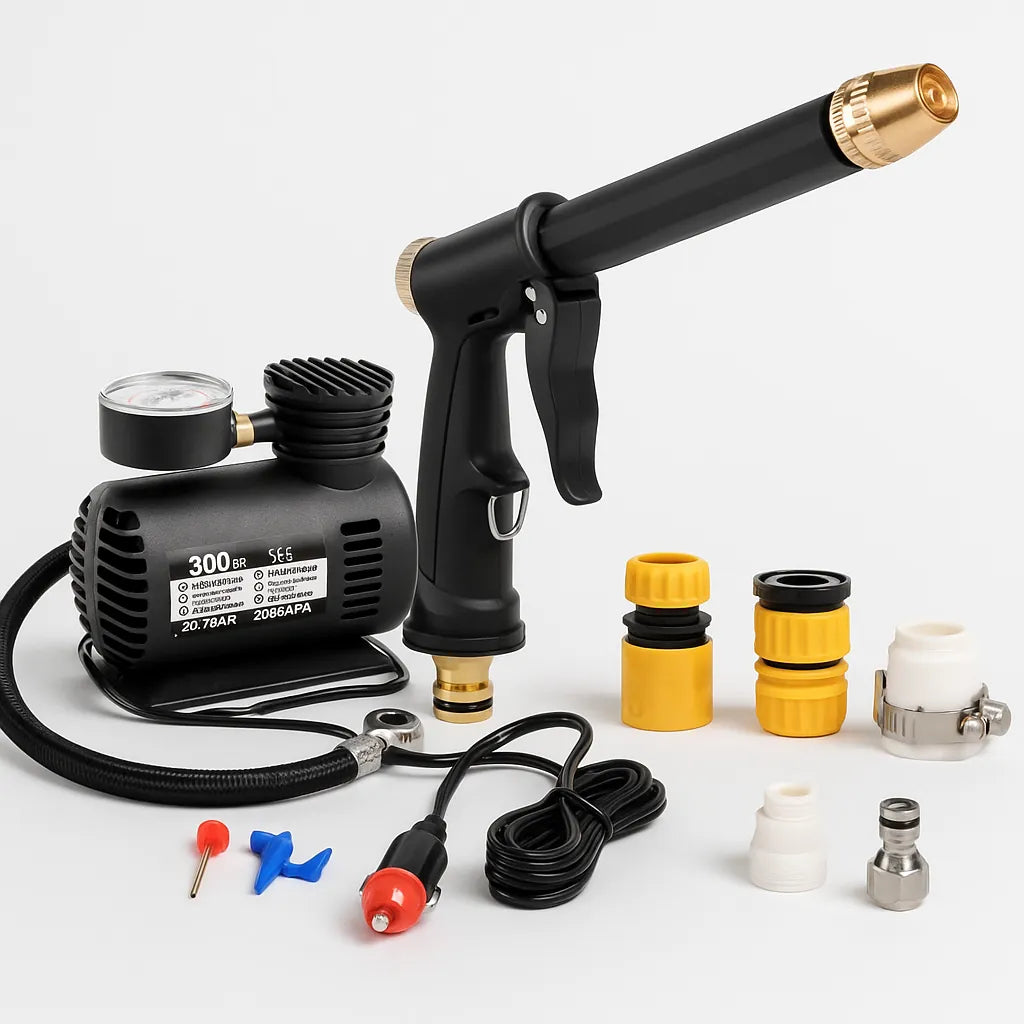 Compresor de Aire +. Pistola Aire | Pack Solución para vehículos. Infla de manera portatil y limpia de manera extrema